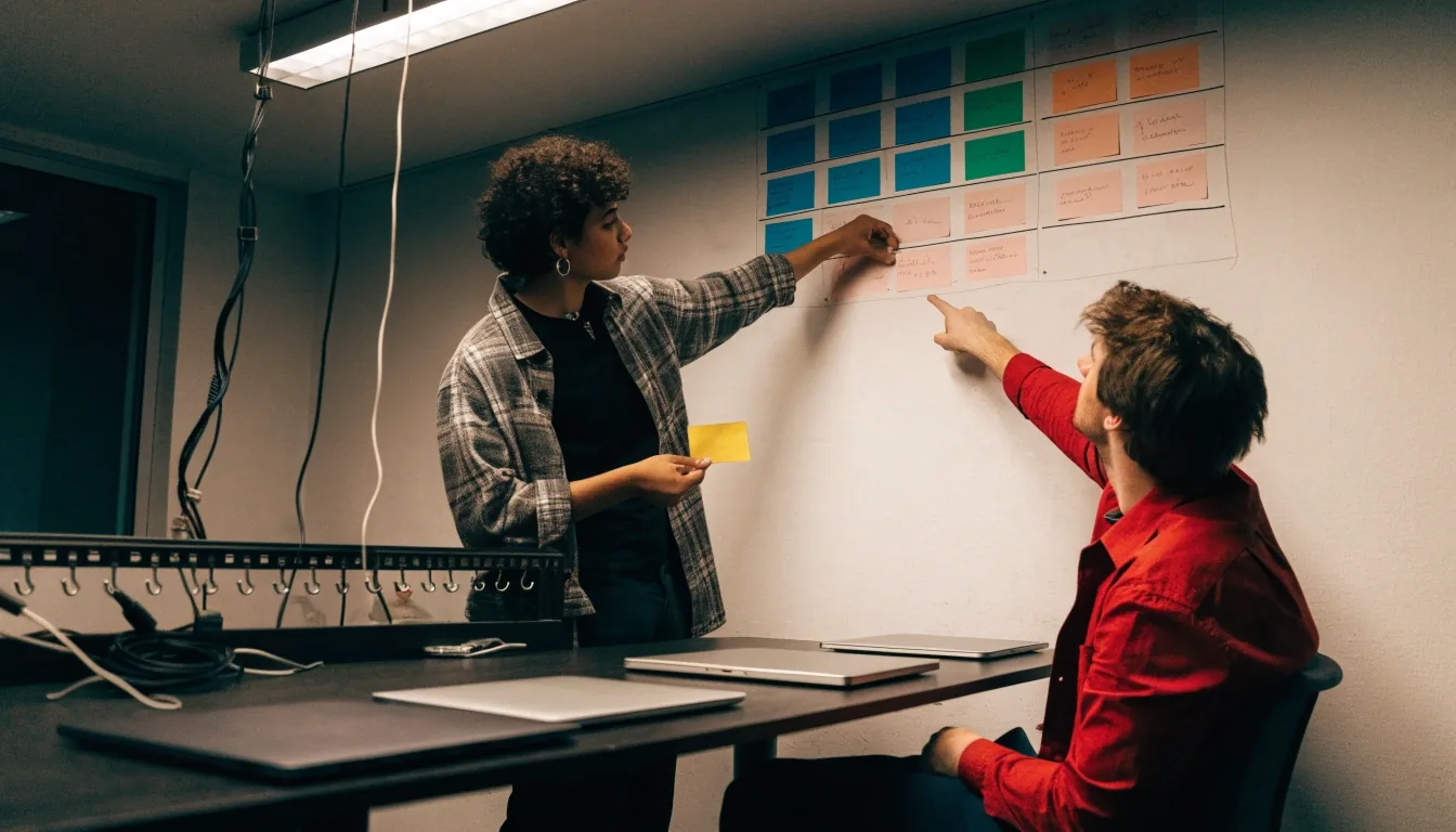 Büro eines Softwareteams am Abend mit einem Arbeitsplatz im Vordergrund