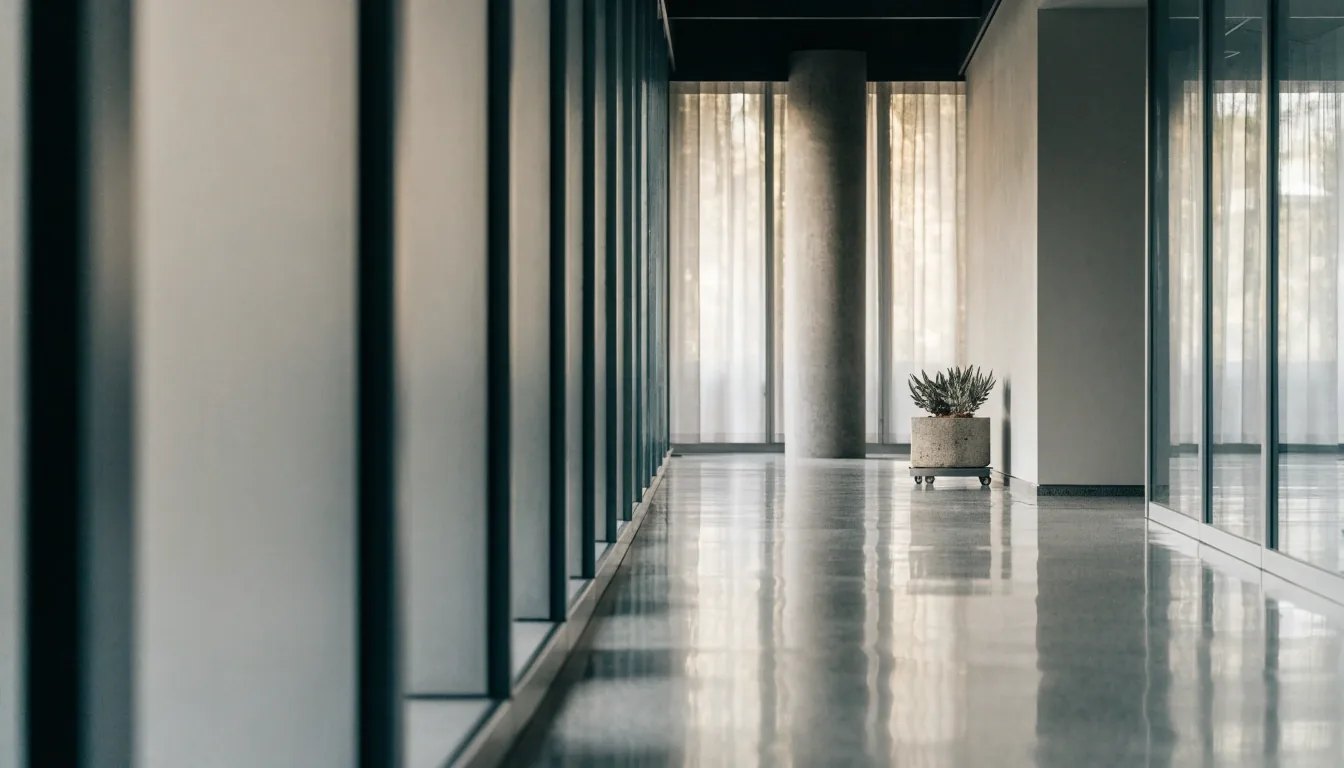 Flur eines modernen Frankfurter Bürogebäudes mit Glaswänden und Mattglas, Pflanzenkübel, ohne Menschen