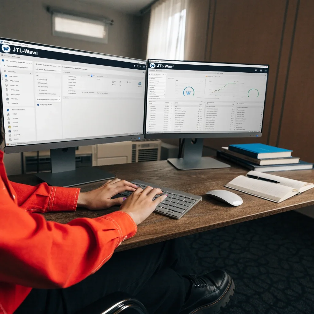 Administrator am Arbeitsplatz im Serverraum, Hände über der Tastatur, Netzwerkrack unscharf im Hintergrund