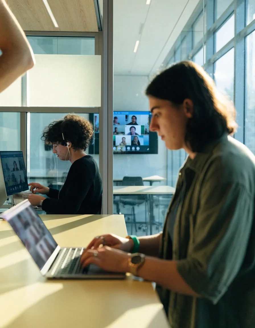 Hände über Tastatur beim Arbeiten an einem verteilten Team-Szenario